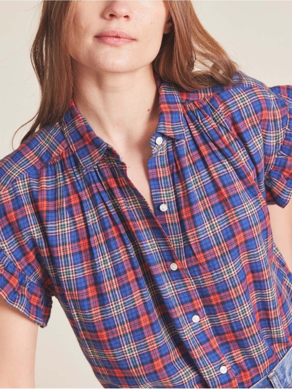 NWT Trovata Birds of Paradis Marianne Ruffle Top | Red & Navy Plaid | Medium